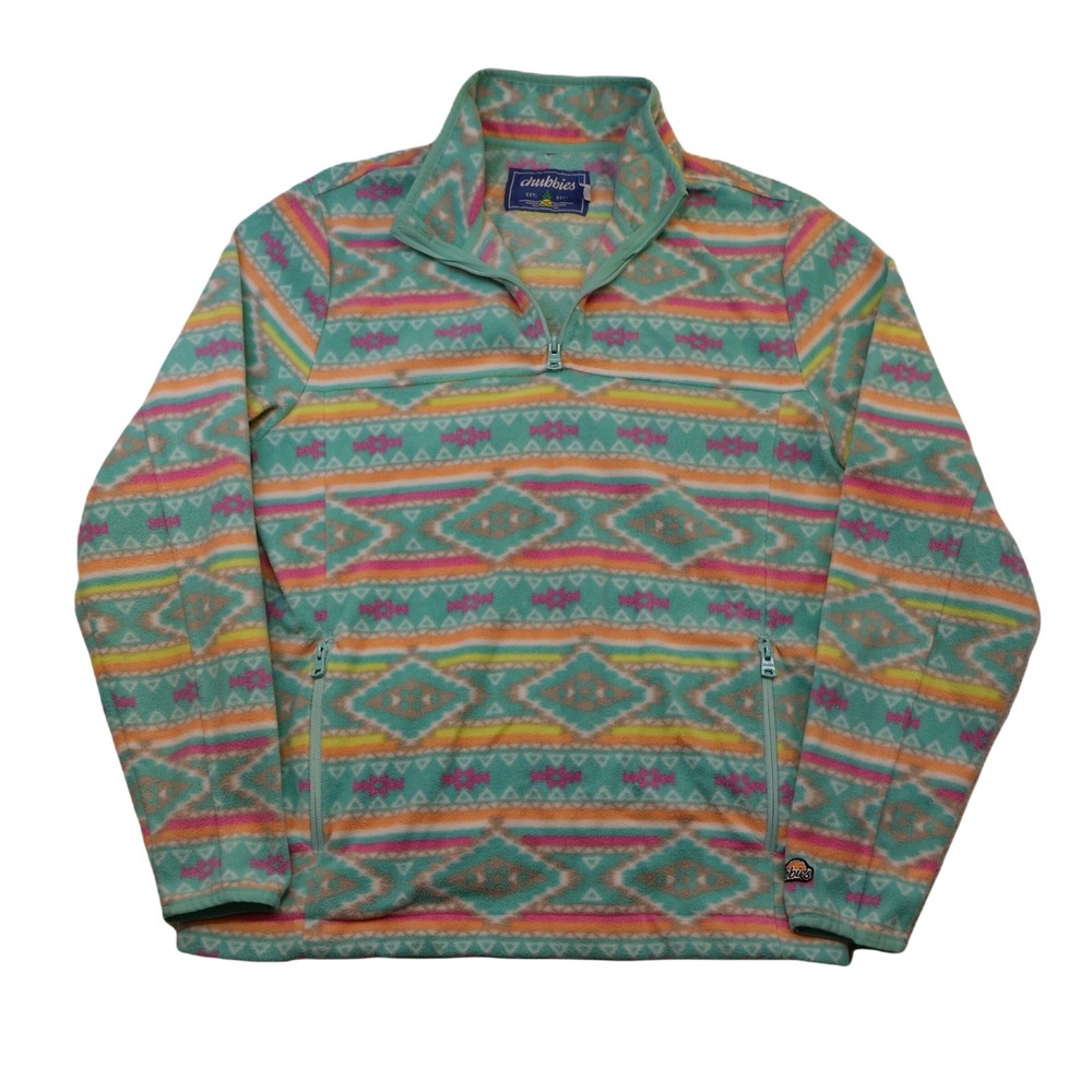 Chubbies Womens Medium Fleece Pullover Teal Pink Aztec Geometric Quarter Zip